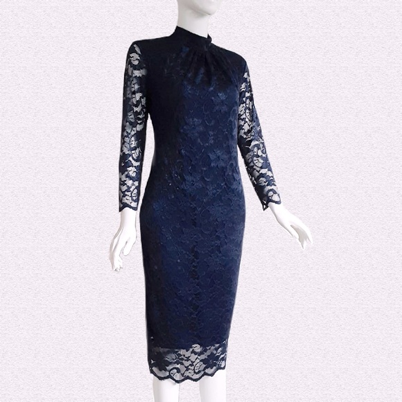 CITY GODDESS London. Lace Midi Pencil Dress in Dark Blue. Fabulous Formal Design - Picture 2 of 8